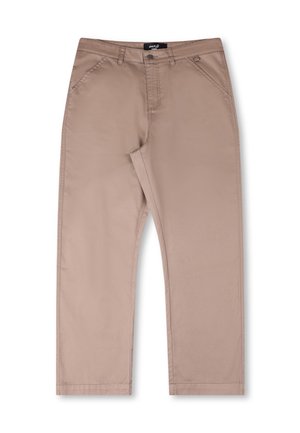 Beige cotton pants featuring a straight leg design, front pockets, and a zip fly with a button closure. Machine-stitched detailing.