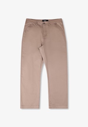 Beige cotton pants featuring a straight leg design, front pockets, and a zip fly with a button closure. Machine-stitched detailing.