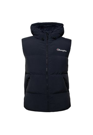Veste sans manches matelassée noire avec capuche, fermeture éclair sur le devant, poches latérales et logo Champion sur la poitrine gauche.