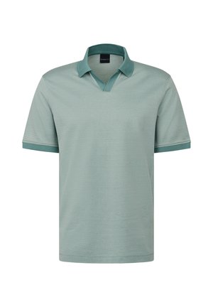 Polo shirt made of textured fabric in light green, featuring a V-neck with a solid darker green collar and short sleeves.