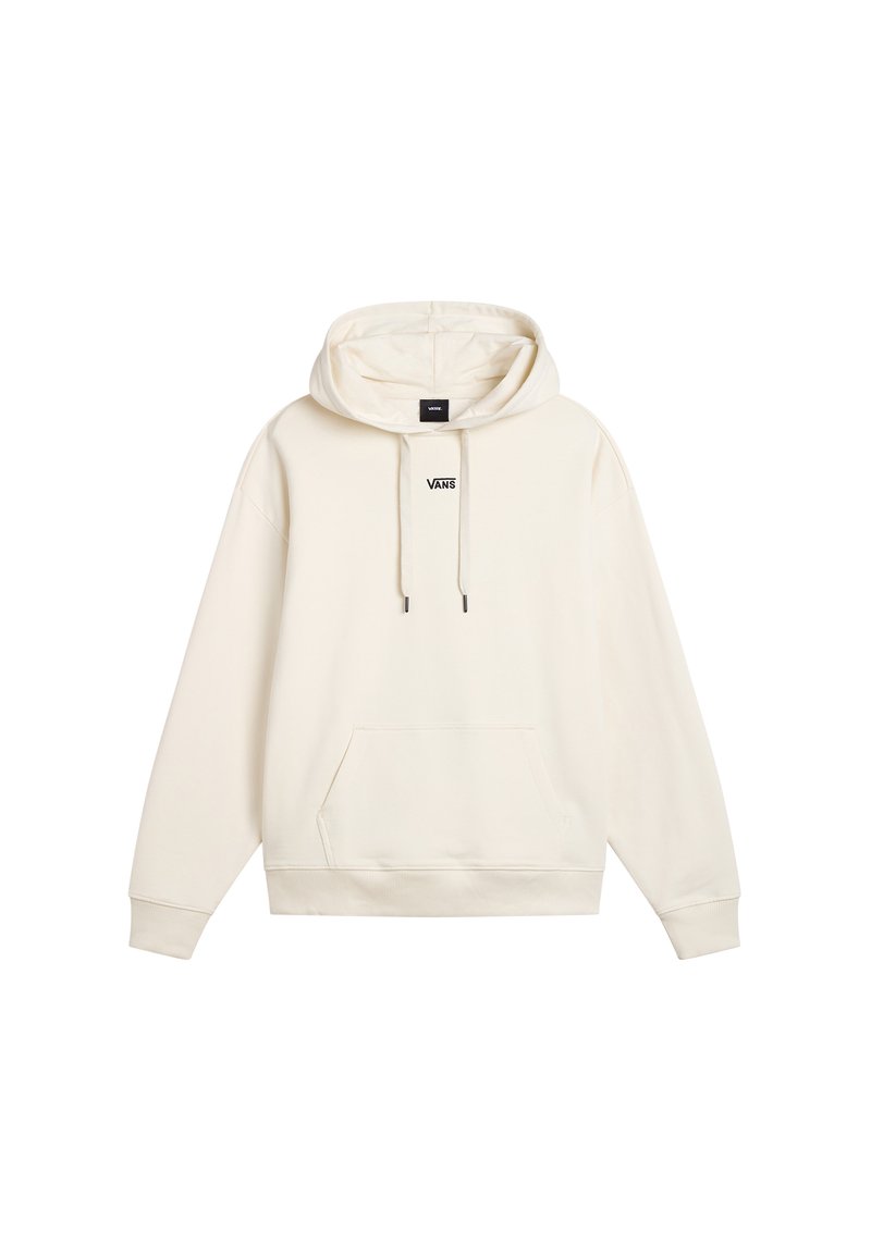 Creme-kleurige hoodie van zachte stof met een voorzak, trekkoorden en een klein zwart "VANS" logo op de borst.