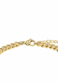 Collana in oro con chiusura a moschettone e prolunghe regolabili su sfondo bianco.