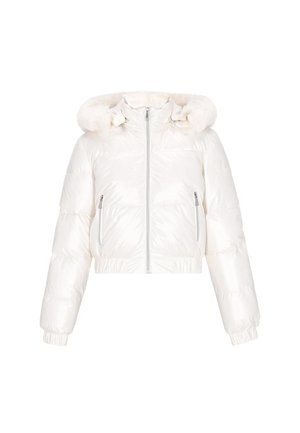 Gekürzte Daunenjacke aus glänzendem weißem Material. Sie verfügt über eine mit Pelz gefütterte Kapuze, silberne Reißverschlüsse sowie elastische Bündchen und Saum.