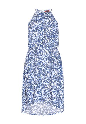 Plava halter haljina s bijelim apstraktnim uzorkom srca, elastičnom strukom i raširenim siluetom. Lagani materijal s blagim sjajem.