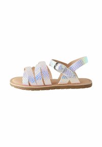 Sandali aperti con cinturini in stampa serpentata iridescente, una cinghia alla caviglia con fibbia e una suola in gomma color nocciola per una migliore aderenza.