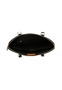 Musta käsilaukku, jossa on kultainen vetoketju, nahka-akcentit ja tilava sisustus. Sisältää vetoketjupussin ja paikan korteille tai esineille.