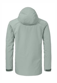 Wasserabweisende Jacke in hellgrün, mit Kapuze, glatter Textur, elastischen Bündchen und verstellbarem Saum, entworfen für den Einsatz im Freien.