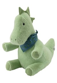 Green stuffed dinosaur with a textured body, soft fur, and a blue bandana featuring green footprints. It has spiky green accents on the head.