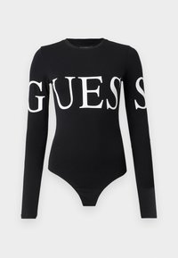 Crni bodi s dugim rukavima s velikim bijelim logotipom "GUESS" sprijeda. Izrađen od mekog, rastezljivog materijala s uskim krojem.