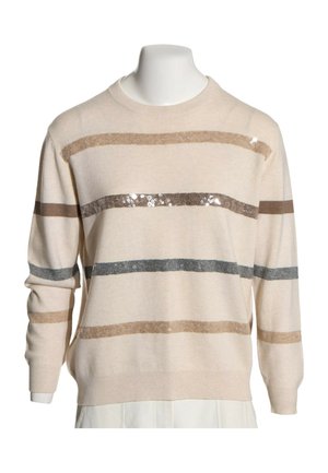 Pull couleur crème avec des rayures horizontales beige, marron et grises, certaines décorées de sequins brillants, présenté sur un buste de mannequin blanc.