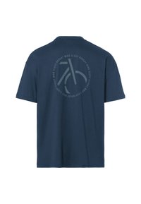 Camiseta de algodón azul marino con mangas cortas y cuello redondo, que presenta un gráfico circular de una bicicleta y texto repetido en la parte posterior.