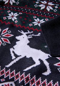 Pulôver de malha em azul marinho escuro com padrões de renas e flocos de neve brancos, destacando acentos em vermelho e verde e punhos canelados.