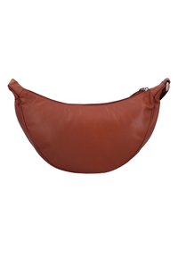 Braune Ledertasche mit abgerundeter Form, die einen Reißverschluss und zwei Griffe hat. Die Oberfläche hat eine weiche Textur und ein dezentes Maserungsmuster.