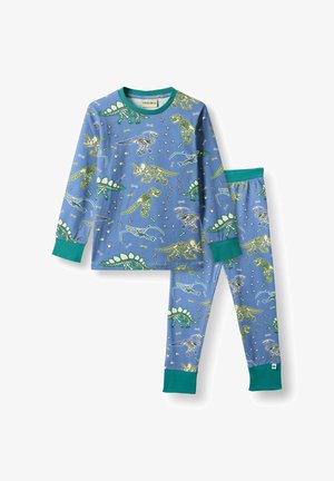 Plave pidžame s uzorkom dinosaurusa kostura i kostiju. Izrađene od mekog tkanina s zelenim rubovima i plavim detaljima. Dugih rukava gornji dio i hlače.