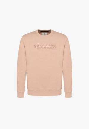 Felpa rosa chiaro realizzata in tessuto morbido, con colletto a girocollo, polsini a coste e una stampa del logo discreta sul petto.