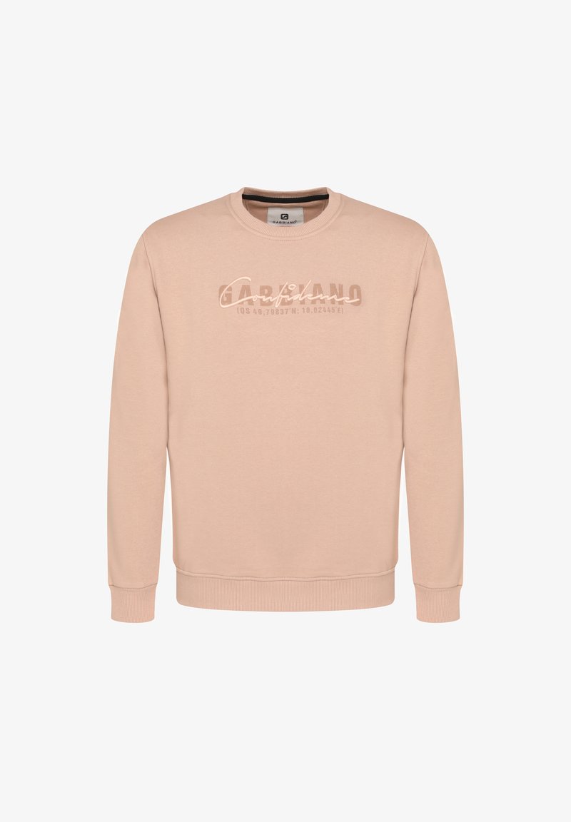 Světle růžová mikina vyrobená z měkké tkaniny, s kulatým výstřihem, žebrovanými manžetami a jemným potiskem loga na hrudi.