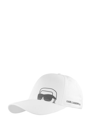 Weiße Baseballkappe mit einer schwarzen Grafik eines Gesichts mit Sonnenbrille und dem "KARL LAGERFELD"-Logo an der Seite.