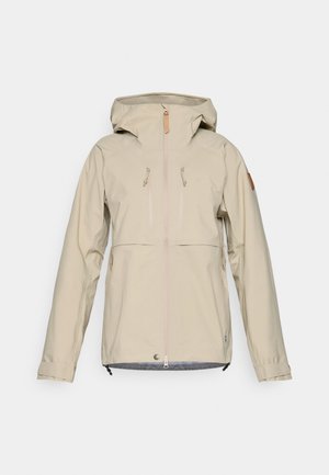 Lichtbeige jacket met een capuchon, ritssluiting aan de voorkant en twee ritszakken op de borst. Heeft een gladde textuur en verstelbare manchetten.