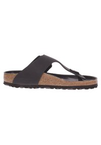Musta flip-flop sandaali, jossa on korkkipohja, kuminen päällinen ja ristiin menevät remmit. Pintakuvioitu ulkopohja pitävyyttä varten.