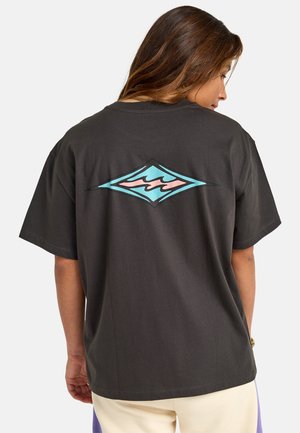 Dark gray cotton t-shirt featuring a large blue and pink diamond graphic on the back. Short sleeves, relaxed fit, simple crew neckline.