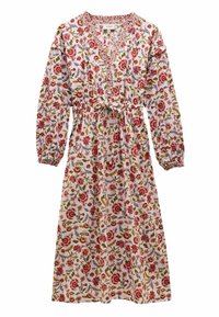 Weißes Blumenkleid mit roten und grünen Mustern, langen Ärmeln mit elastischen Bündchen, einem Bund mit Bindegürtel und einem V-Ausschnitt.