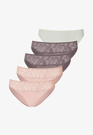 Ensemble de cinq culottes pour femmes de couleurs variées : vert pâle, lavande, violet foncé, rose doux, avec des détails en dentelle florale et une texture lisse.