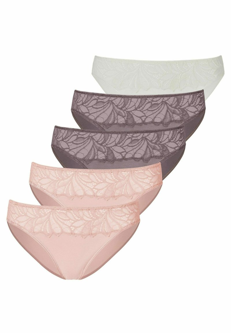 Set aus fünf Damenunterhosen in verschiedenen Farben: hellgrün, lavendel, dunkelviolett, zartrosa, mit floralen Spitze-Details und einer glatten Textur.