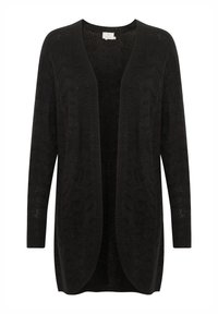 Zwarte gebreide cardigan met open voorkant, lange mouwen, gestructureerd patroon en een losse pasvorm. Zacht materiaal en lichtgewicht ontwerp.