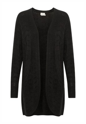Black knitted cardigan featuring open front, long sleeves, textured pattern, and a relaxed fit. Soft material and lightweight design.