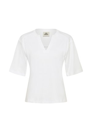 Blouse blanche à manches courtes avec un col en V et une coupe décontractée, présentée sur un fond blanc uni.