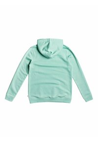 Mátově zelená mikina s jemnou strukturou, vybavená stahovací kapucí, dlouhými rukávy a žebrovanými manžetami a spodním lemem. Pohled ze zad, bez log a vzorů.