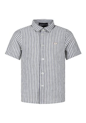 Camicia a maniche corte a righe bianche e blu, in tessuto di cotone, con bottoni frontali, colletto classico, piccolo logo sul lato sinistro del petto, orlo dritto.