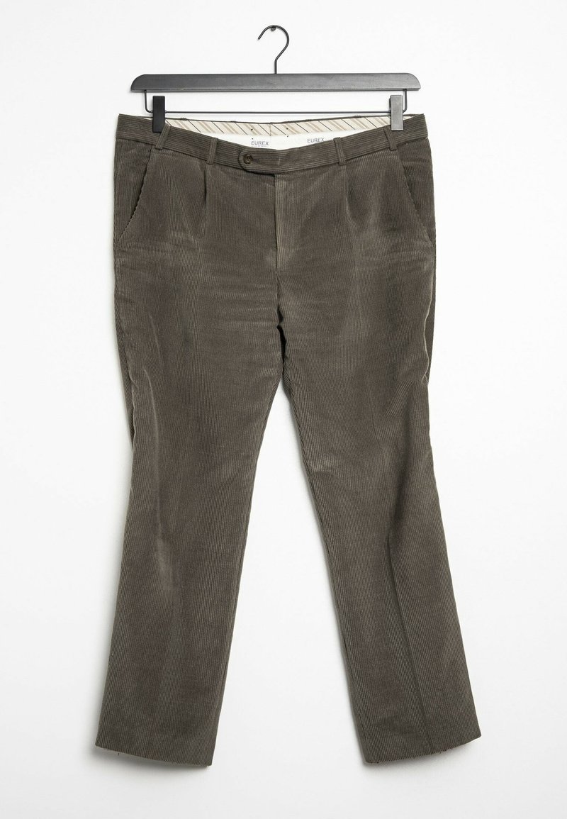 Brown corduroy trousers with belt loops, front button, and side pockets hanging on black hanger against white background.