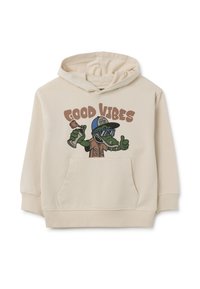 Sudadera con capucha beige de tela suave con un estampado gráfico de un cocodrilo verde de dibujos animados con gafas de sol y una bebida, texto "BUENAS VIBRAS."
