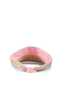 Bandeau en tissu beige doux avec un extérieur texturé et un intérieur lisse rose, présentant une forme arrondie et une fermeture ajustable.