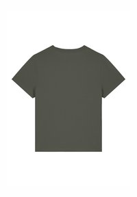 Olivgrünes kurzärmeliges T-Shirt mit Rundhalsausschnitt, aus glattem Stoff gefertigt, mit geradem Schnitt und ohne sichtbare Muster.