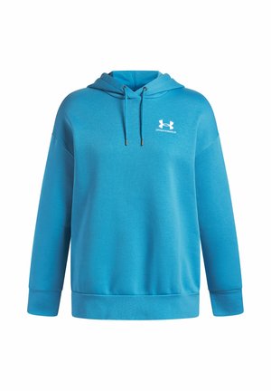 Blaues Kapuzensweatshirt aus weichem, strukturiertem Stoff. Mit einer Vordertasche, gerippten Bündchen und einem weißen Logo auf der Brust.
