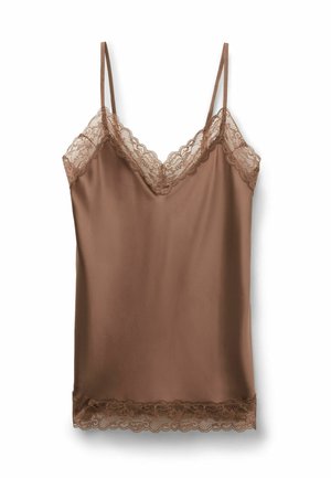 Brun satin camisole med spetsdetaljer längs halsringningen och fållen. Justerbara spaghetti axelband. Slät textur och skräddarsydd design.