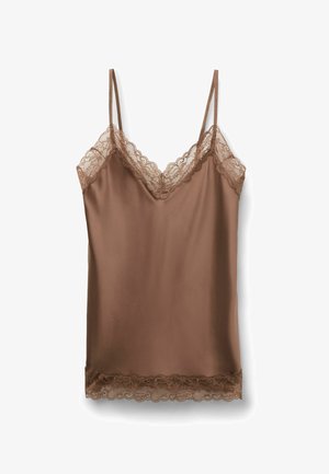 Brauner Satin-Camisole mit Spitzenbesatz entlang des Ausschnitts und des Saums. Verstellbare Spaghettiträger. Glatte Textur und taillierte Passform.