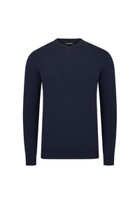 Sweter w kształcie litery V w ciemnoniebieskim kolorze, wykonany z gładkiej, dzianinowej tkaniny. Posiada długie rękawy oraz dopasowany krój z ribbowanymi mankietami i dolnym brzegiem.