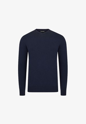 Sweter w kształcie litery V w ciemnoniebieskim kolorze, wykonany z gładkiej, dzianinowej tkaniny. Posiada długie rękawy oraz dopasowany krój z ribbowanymi mankietami i dolnym brzegiem.