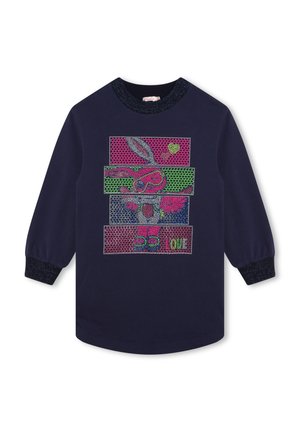 Marineblå langærmet skjorte med glitrende ribbet krave og manchetter, med en farverig pixeleret kanin iført beskyttelsesbriller og ordet "LOVE" i blokke.