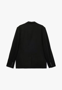 Schwarze Blazer mit maßgeschneidertem Design, langen Ärmeln, Reverskragen, einem einzelnen Rückenschlitz und geknöpften Manschetten. Weicher Stoff.