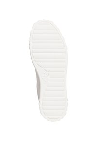 Valkoinen kumikengän pohja, jossa on teksturoitu, uritettu pinta; siinä on aaltoileva reuna ja logo painettuna lähellä kantapäätä.