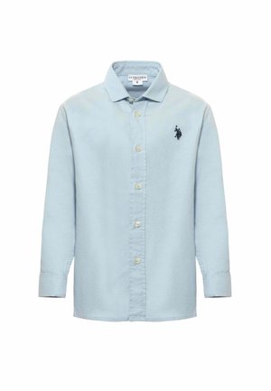 Camicia azzurra chiara a maniche lunghe con bottoni, realizzata in cotone. Presenta un colletto, bottoni frontali e un piccolo logo nero sul lato sinistro del petto.
