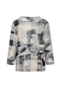 Langärmeliges Hemd mit abstraktem geometrischem und strukturiertem Muster in Schwarz, Weiß und Grau, dargestellt auf weißem Hintergrund.