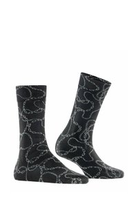 Czarne skarpetki z teksturowanym wzorem splecionych srebrnych łańcuchów, z wygodnym mankietem i gładkim wykończeniem materiału.