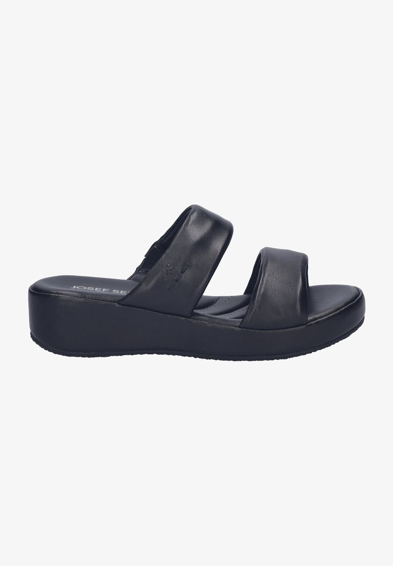 Sandale noire à enfiler avec deux larges brides rembourrées et une semelle épaisse et coussinée, conçue pour le confort et un usage décontracté.