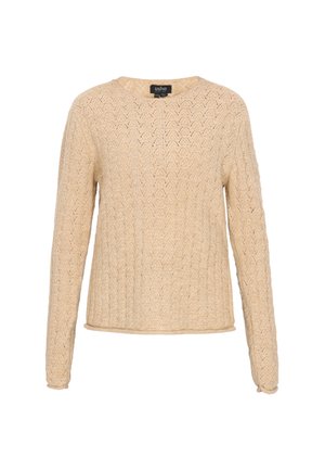 Beige gestrickter Pullover mit einem strukturierten Muster, Rundhalsausschnitt und langen Ärmeln. Weiches Material mit lockerer Passform. Keine auffälligen Akzente.