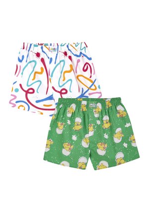 Two pairs of boys' boxers: one white with colorful squiggles, the other green with yellow chick hatching designs; both feature elastic waistbands.